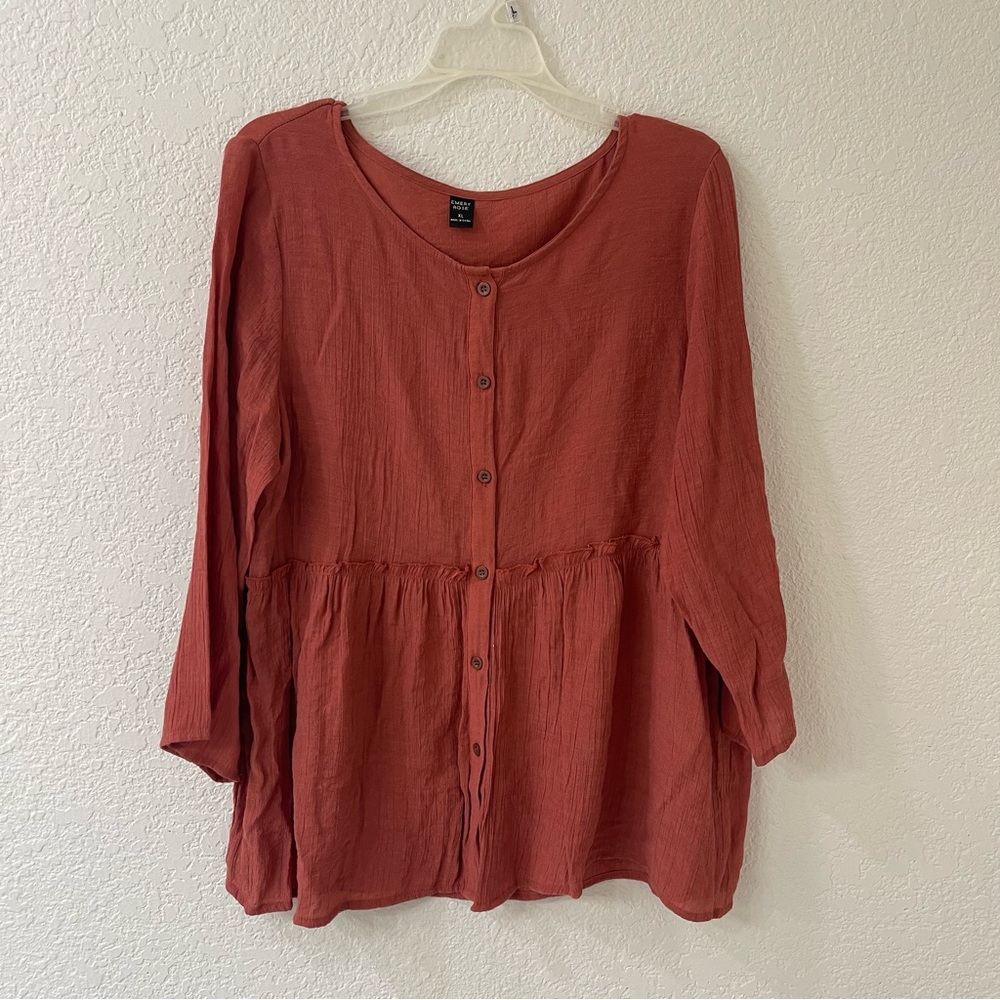 Emery Rose Brown Boxy Blouse with Three-Quarter Sleeves